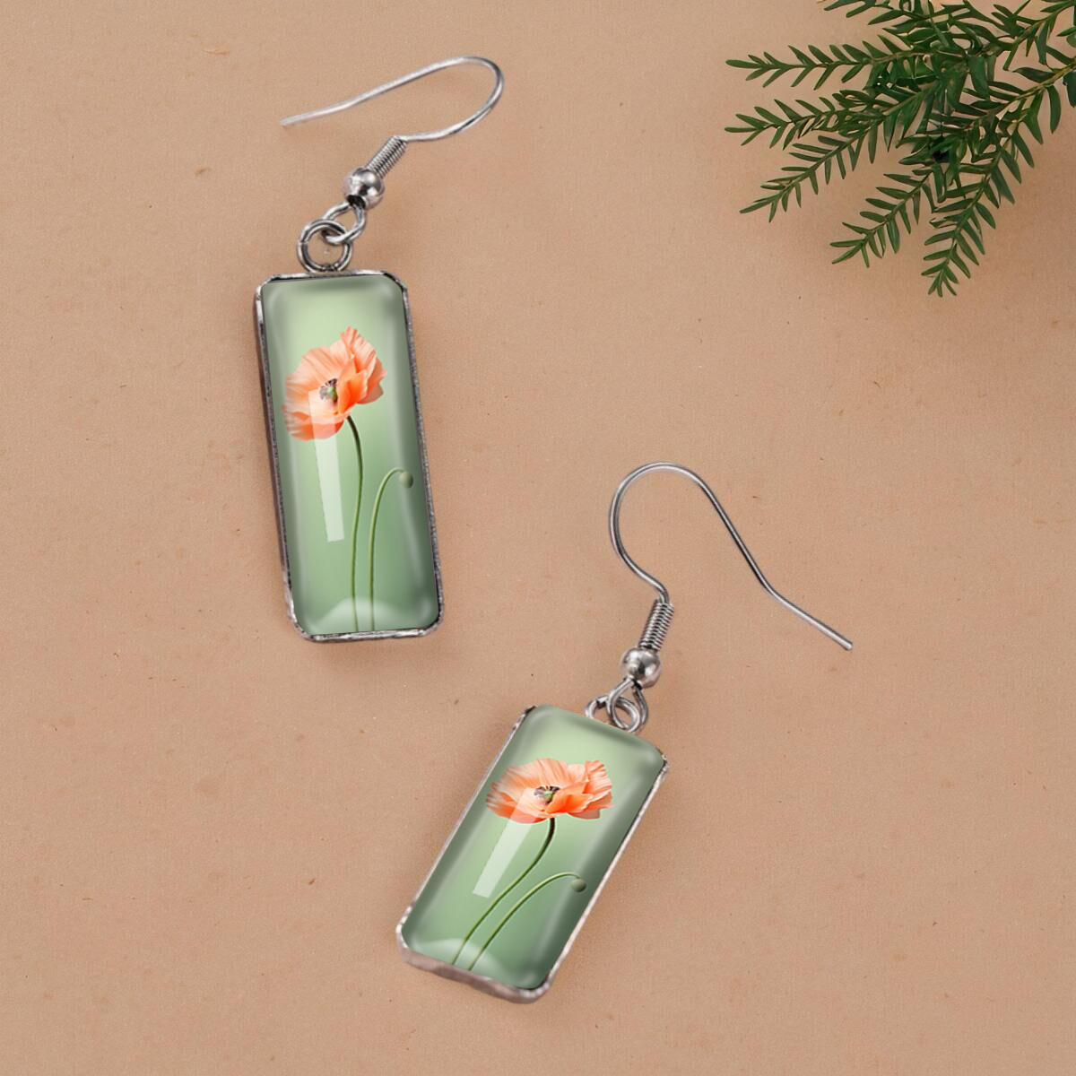 Elegant Rectangular Poppy Flower Earrings, Fashion Gift